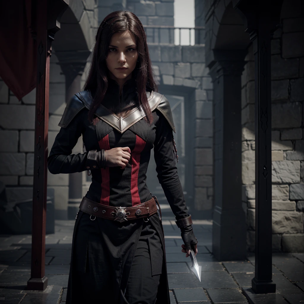 A sword that has a futuristic design. The shape is small but long with zig-zag lines like an assassin's sword. Dominant dark red with color gradations. In the middle, there is a rectangular jewel that gives a magical impression. Overall, in the background there is a dark red grimoire, along with other Grimoires, 3d style