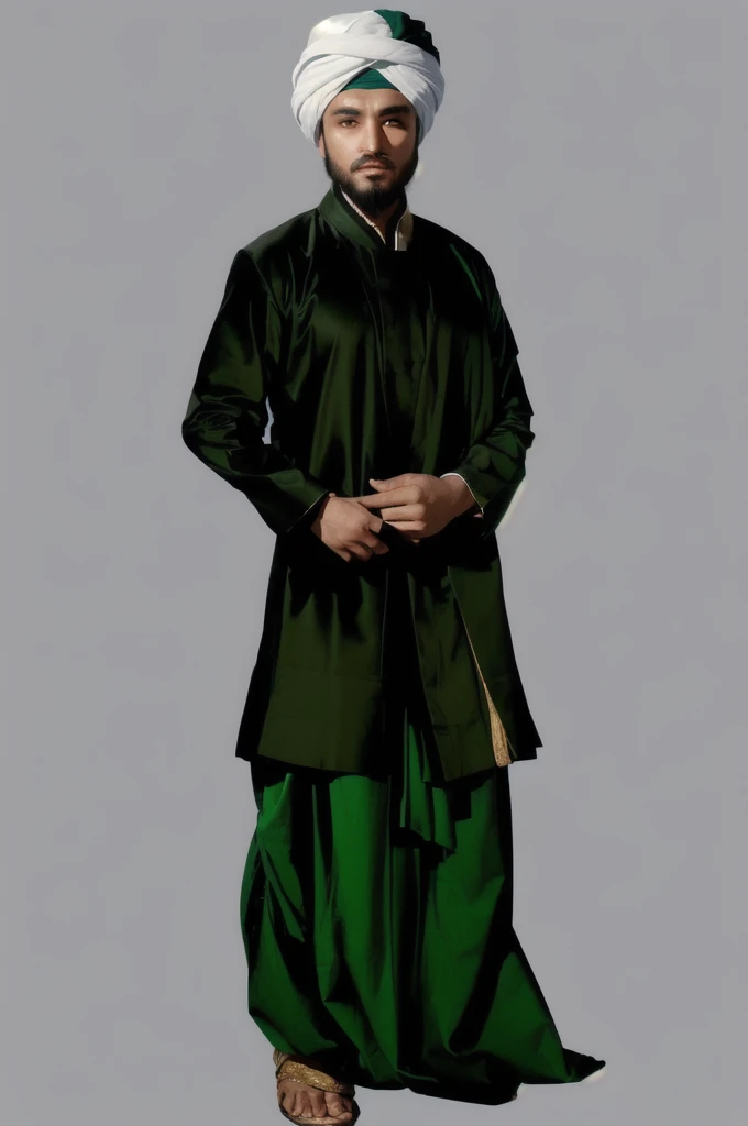 Photography of a man in a white turban and a turban, inspired by Abdur Rahman Chughtai, character full body portrait, full body character portrait, 4d render, full length character, concept art of a monk, fullbody portrait, realistic character concept, male character, full-body character portrait