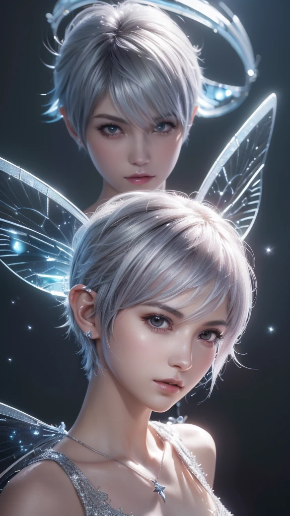(Highly detailed CG Unity 8k wallpaper, masterpiece, Highest quality, Super detailed), (Best lighting, Best Shadow, Very delicate and beautiful), Cool, dynamic, Original girl character (dynamic pose) Silver (Pixie Cut Hair: 1.3) Reflects light beautifully.