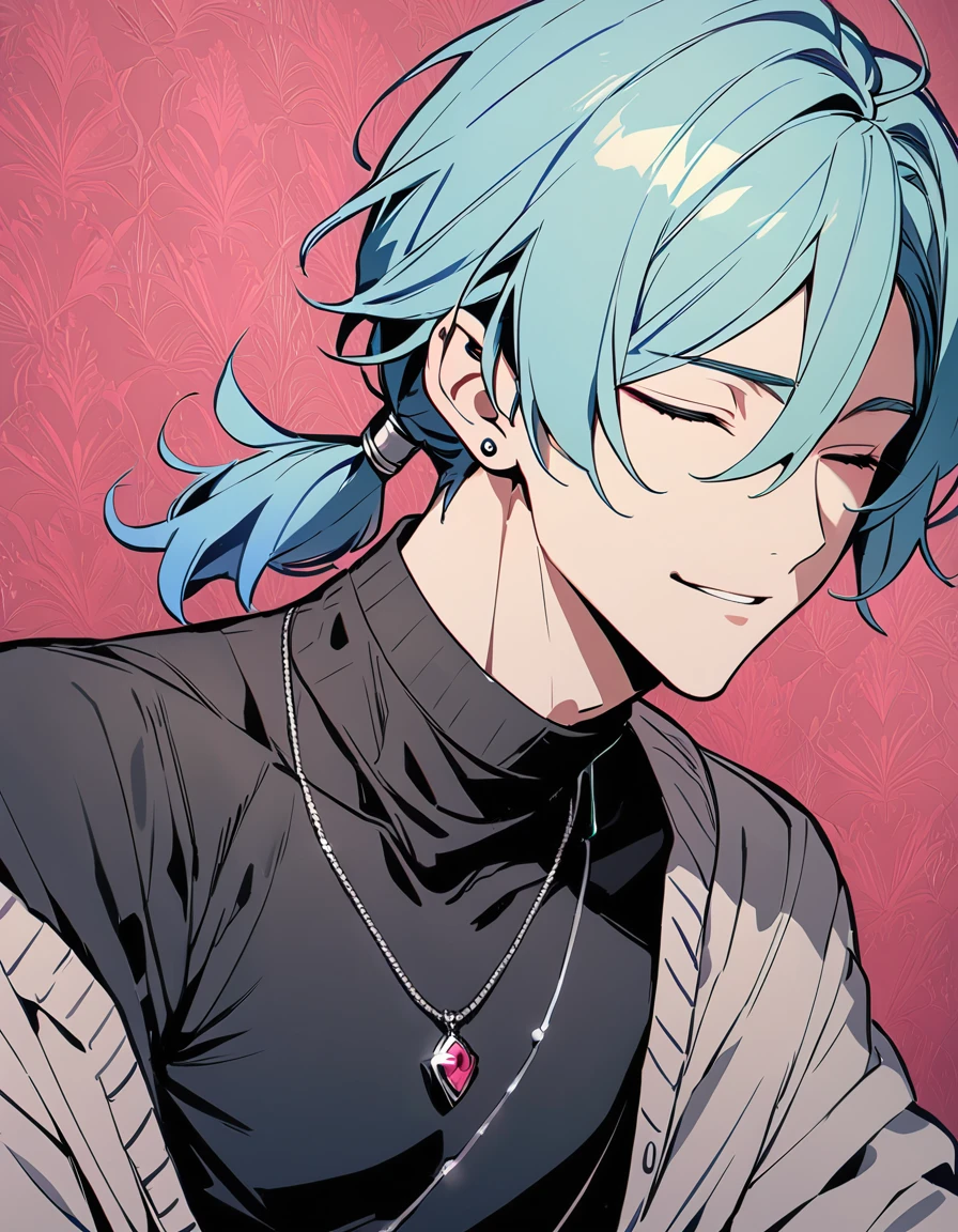 ((((best masterpiece, best quality, wallpaper,)))) solo, guy, male body, small muscles, flat chest, 1male, 30 years old, handsome man, upper body, looking at viewers, beautiful detailed, seductive smile, mediumturquoise hair, ((((Lower short ponytail)))), asymmetrical bangs, ((short hair,)) ((( closed eyes,  tareme, droopy eyes,))) (((perfect face,))) perfect hands, sharp nose, clear face, black turtleneck, grey cardigan, ((silver piercing, pendant,)) leggings, pink background color ultrasharp, 8K, masterpiece,