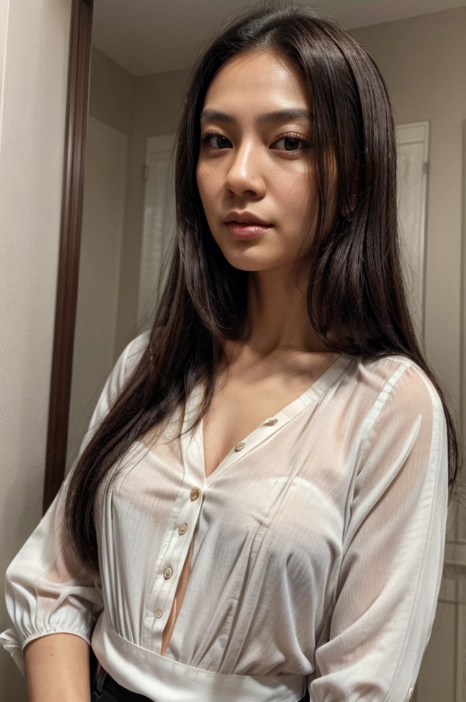 [[((young attractive Singaporean woman with strong Chinese Asian influence, a brown tanned complexion, long straight dark black hair, striking almond-shaped dark brown eyes, and a  frame:1.6)), ((Sophie Tan:1.5)), standing against a plain white background in a close-up, shoulders-and-above shot. She is wearing ((a professional, plain-colored blouse or top appropriate for a passport or ID photo:1.4)). Her hair is styled neatly, framing her face. She has a neutral expression suitable for a passport or ID photo. She is not wearing any makeup to maintain a natural and authentic look. The focus is on capturing extreme human-like details, including skin texture, hair strands, and eye clarity. The scene is captured with a ((full-frame DSLR:1.4)) using a ((85mm prime lens:1.4)) to keep Sophie in sharp focus. Professional studio lighting enhances her natural features and adds depth to the image. Post-production ensures a clean, polished look with enhanced natural colors. The image should be in ((8K resolution:1.5)) with ((hyper-realistic detail:1.6)). The focus is entirely on Sophie's facial features, appropriate attire, and natural appearance, capturing her essence perfectly in a passport/ID photo setting.]]
