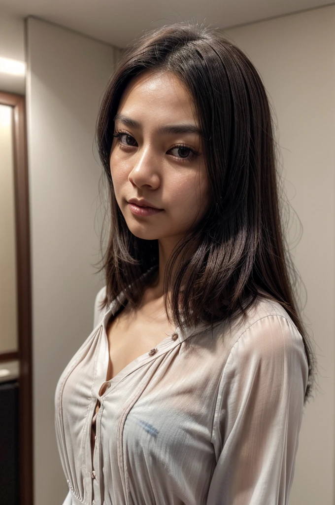 [[((young attractive Singaporean woman with strong Chinese Asian influence, a brown tanned complexion, long straight dark black hair, striking almond-shaped dark brown eyes, and a  frame:1.6)), ((Sophie Tan:1.5)), standing against a plain white background in a close-up, shoulders-and-above shot. She is wearing ((a professional, plain-colored blouse or top appropriate for a passport or ID photo:1.4)). Her hair is styled neatly, framing her face. She has a neutral expression suitable for a passport or ID photo. She is not wearing any makeup to maintain a natural and authentic look. The focus is on capturing extreme human-like details, including skin texture, hair strands, and eye clarity. The scene is captured with a ((full-frame DSLR:1.4)) using a ((85mm prime lens:1.4)) to keep Sophie in sharp focus. Professional studio lighting enhances her natural features and adds depth to the image. Post-production ensures a clean, polished look with enhanced natural colors. The image should be in ((8K resolution:1.5)) with ((hyper-realistic detail:1.6)). The focus is entirely on Sophie's facial features, appropriate attire, and natural appearance, capturing her essence perfectly in a passport/ID photo setting.]]