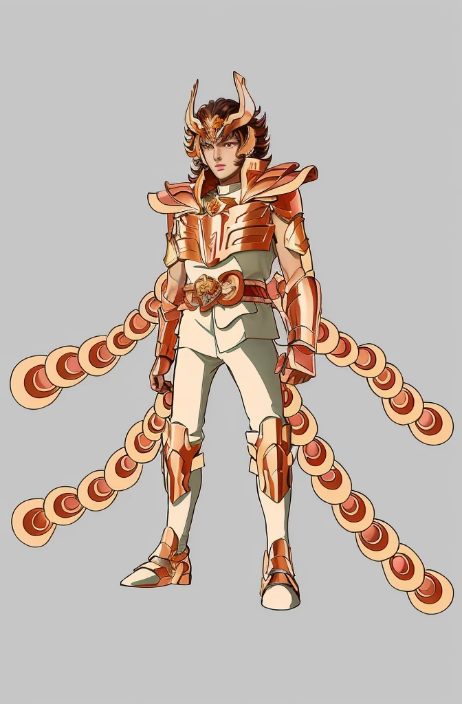 A young European man in his early 30s in orange copper armor with the white tight underneath without sleeves, Saint Seiya, Phoenix Ikki