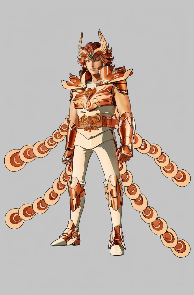 A young European man in his early 30s in orange copper armor with the white tight underneath without sleeves, Saint Seiya, Phoenix Ikki