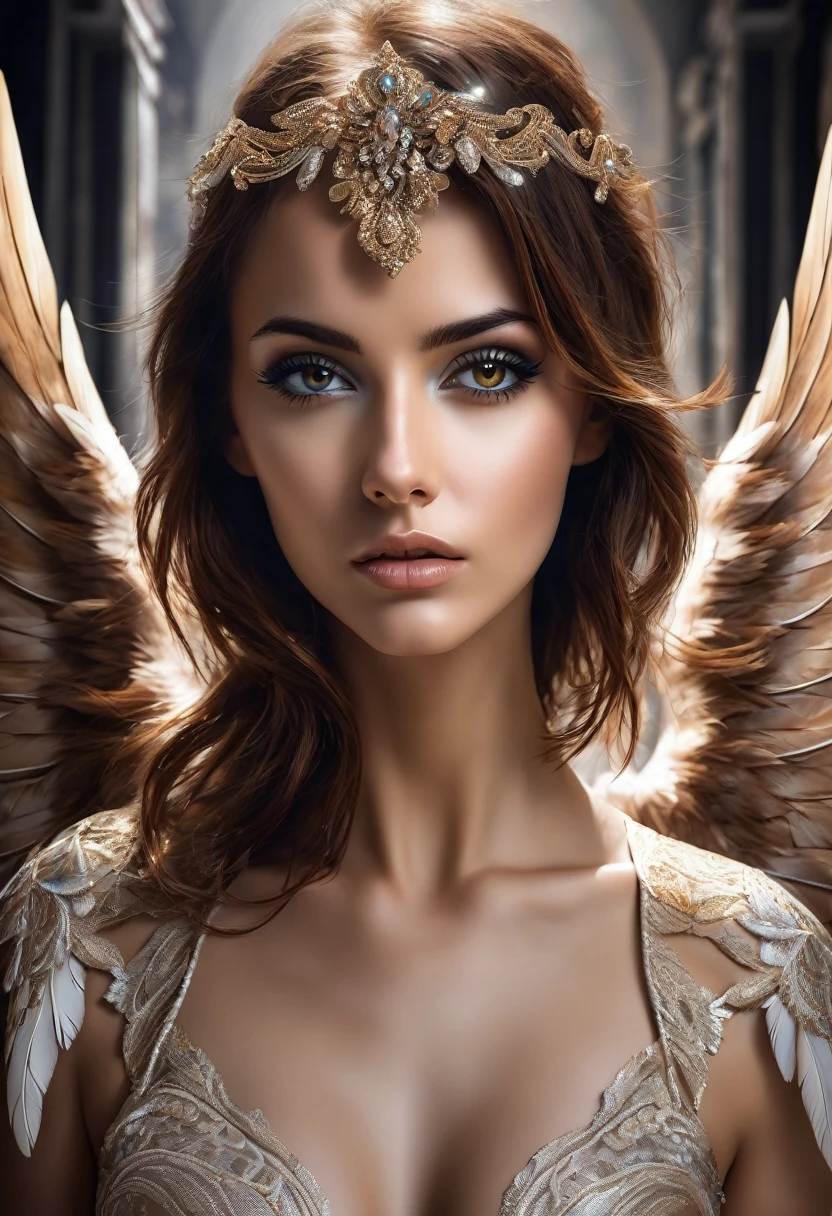 femme photo réaliste, femme yeux marrons, brown-hair, ultrahd, surreal style, angel, detailed face , femme en sous-vêtements mouiller, sexly ,