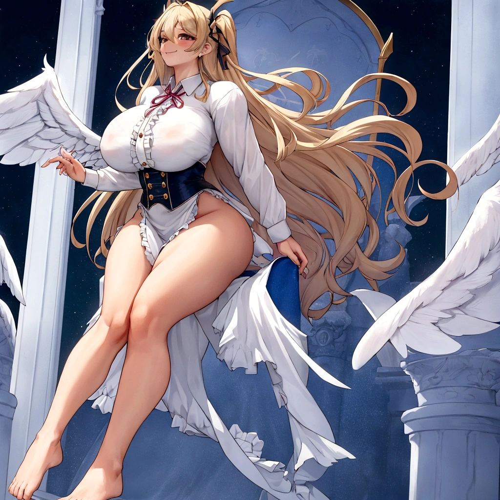 {full body},{{sitting}},wariza,looking down,from below,{},dynamic angle, dynamic cut,naughty smile,macrophilia,{white wings},{angel},{{very muscular}},{{very muscle}},{very curvy},{very big woman},{very gigantic woman},{very strong woman},{very tall woman},{very long legs},{very gigantic breasts big breasts},{},{very grown-up body},{adult},blonde hair,barefote dress shirt frills ribbon split corset skirt,best quality,masterpiece,white background,solo,1 girl,