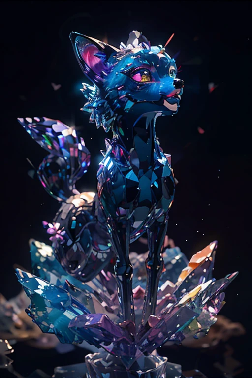 ((best quality)), ((masterpiece)), (detailed), animated purple and grey color fox, purple and grey color crystal fur, crystal shaped tail, large crystal on its head