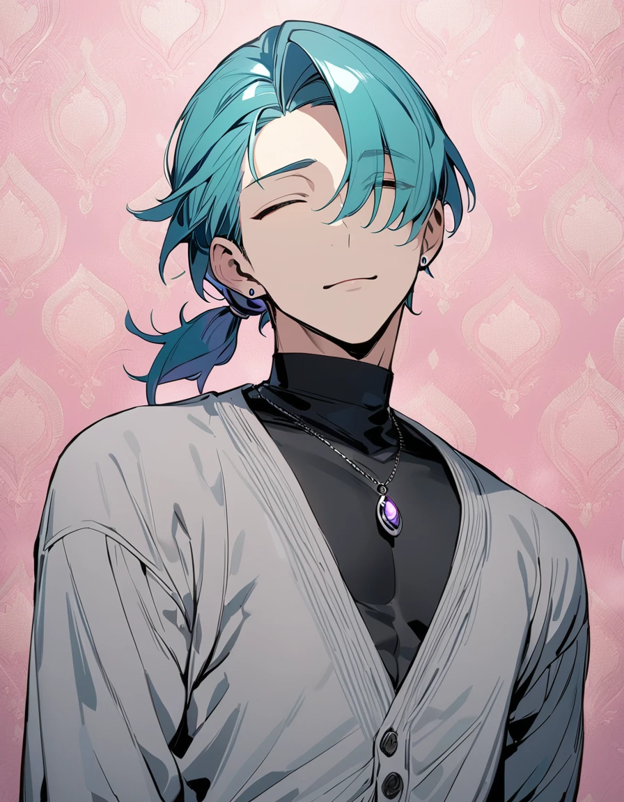 ((((best masterpiece, best quality, wallpaper,)))) solo, guy, male body, small muscles, flat chest, 1male, 30 years old, handsome man, upper body, looking at viewers, beautiful detailed, seductive smile, mediumturquoise hair, ((((Lower short ponytail)))), asymmetrical bangs, ((short hair,)) ((( closed eyes,  tareme, droopy eyes,))) (((perfect face,))) perfect hands, sharp nose, clear face, black turtleneck, grey cardigan, ((silver piercing, pendant,)) leggings, pink background color ultrasharp, 8K, masterpiece,
