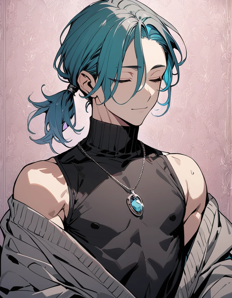 ((((best masterpiece, best quality, wallpaper,)))) solo, guy, male body, small muscles, flat chest, 1male, 30 years old, handsome man, upper body, looking at viewers, beautiful detailed, seductive smile, mediumturquoise hair, ((((Lower short ponytail)))), asymmetrical bangs, ((short hair,)) ((( closed eyes, tareme, droopy eyes,))) (((perfect face,))) perfect hands, sharp nose, clear face, black turtleneck, grey cardigan, ((silver piercing, pendant,)) leggings, pink background color ultrasharp, 8K, masterpiece,
