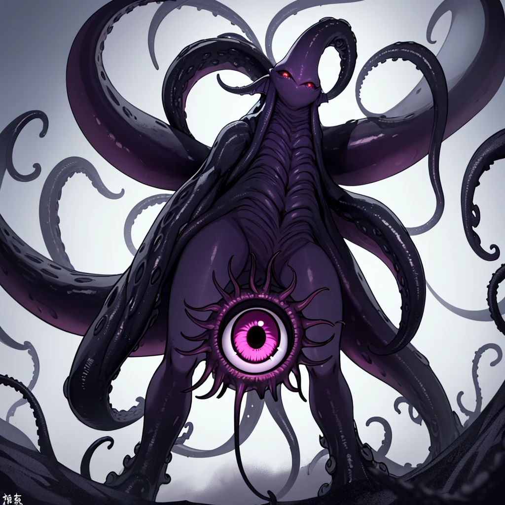 (No humans)、An alien tentacle creature with tentacles branching out from a central body with a single large eye、From below