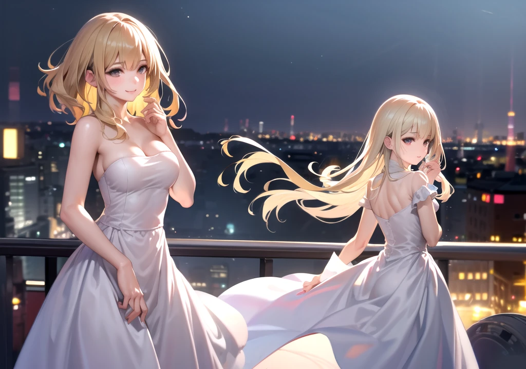 Realistic photos, Focus distance 10mm, Red and white, A big smile, Curly blonde hair, Beautiful girl, Realistic photos, Focus distance 10mmで撮影, masterpiece, 最high quality, high quality, Very detailed CG 8k wallpaper unit, Award-winning photography, Bokeh, Depth of written boundary, High resolution, bloom, chromatic aberration, Realistic, Very detailed, Art Station Trends, CGsociety Trends, Complex, High detail, dramatic, Art on the go, Romantic Evening: "A gorgeous girl with soft, romantic curls, dressed in an elegant evening gown, standing on a balcony overlooking a city lit up at night, with a gentle breeze blowing through her hair."