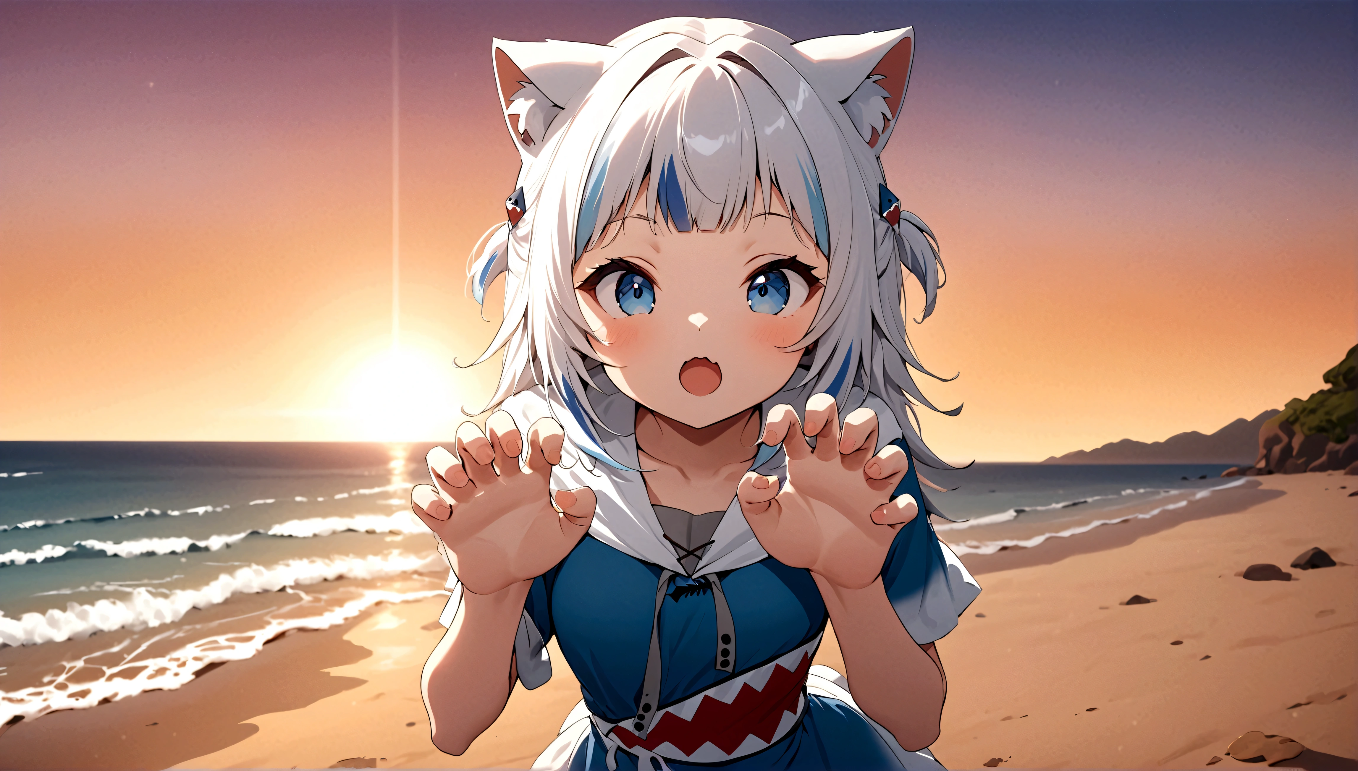 pinup girl pose, Expressiveh, masterpiece, highly detailed, anime style, close shot, dynamic pose, centered, 1girl, gawr gura, paw hands, cute pose, rawr, beach background, epic composition, epic proportion, 8K, volumetric lighting, sunset