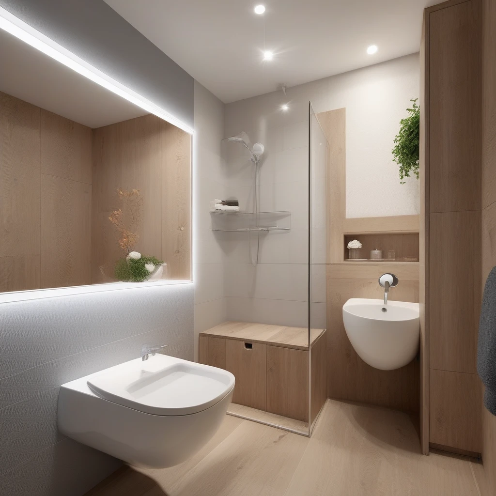 a modern design of 3 square meters room with a window. a toilet and shower side-by-side, and sink cabinet in a compact space. with careful consideration given to every detail. Integration of natural light through the toilet window, creating a sense of openness and connection to the outside environment. for a young couple The floor is made of flooring with flooral geometric patterns in delicate colors in accordance with the combination of darker walls and wooden surfaces