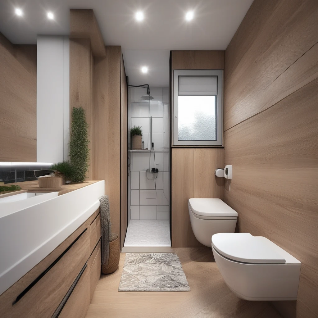 a modern design of 3 square meters room with a window. a toilet and shower side-by-side, and sink cabinet in a compact space. with careful consideration given to every detail. Integration of natural light through the toilet window, creating a sense of openness and connection to the outside environment. for a young couple The floor is made of flooring with flooral geometric patterns in delicate colors in accordance with the combination of darker walls and wooden surfaces