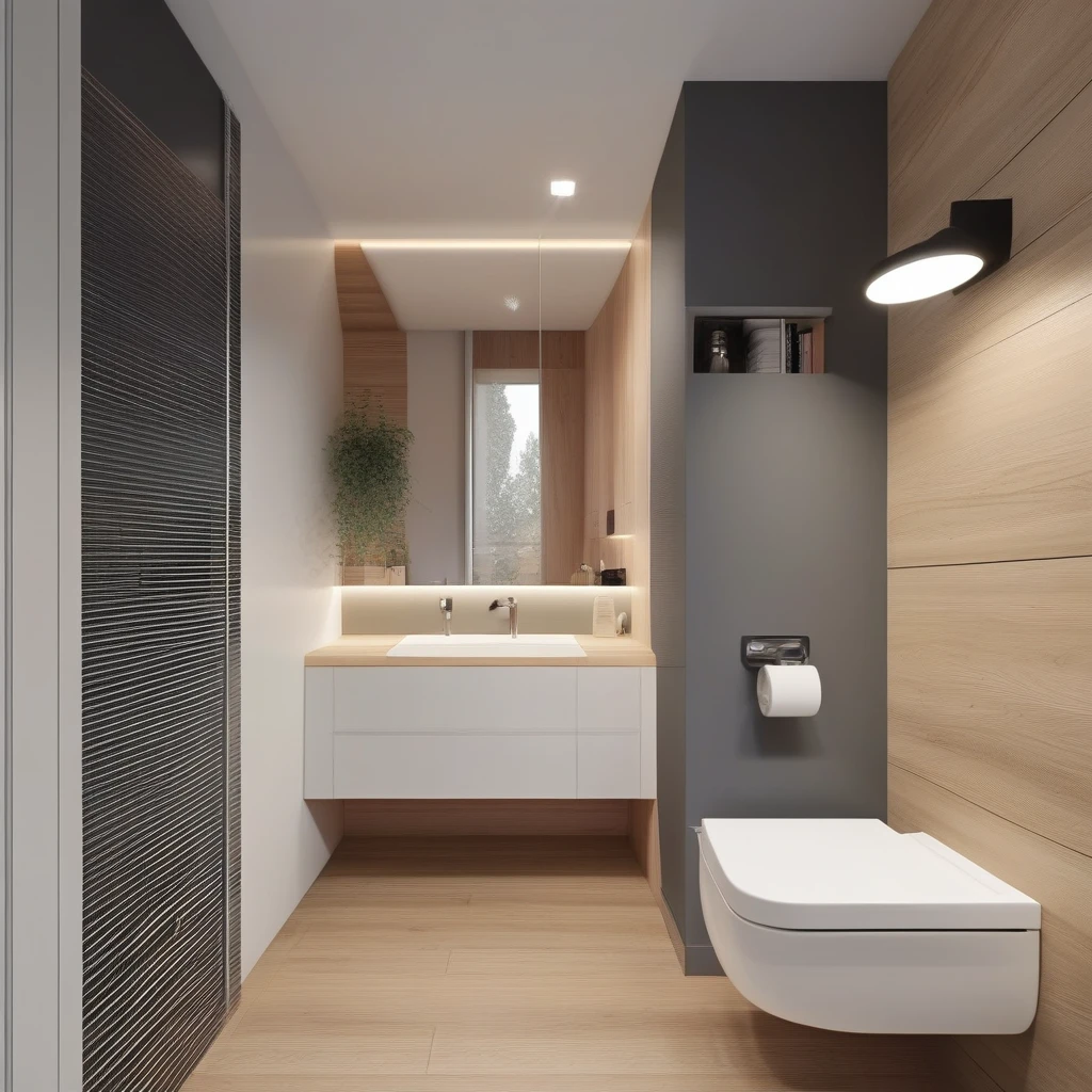 a modern design of 3 square meters room with a window. a toilet and shower side-by-side, and sink cabinet in a compact space. with careful consideration given to every detail. Integration of natural light through the toilet window, creating a sense of openness and connection to the outside environment. for a young couple The floor is made of flooring with flooral geometric patterns in delicate colors in accordance with the combination of darker walls and wooden surfaces