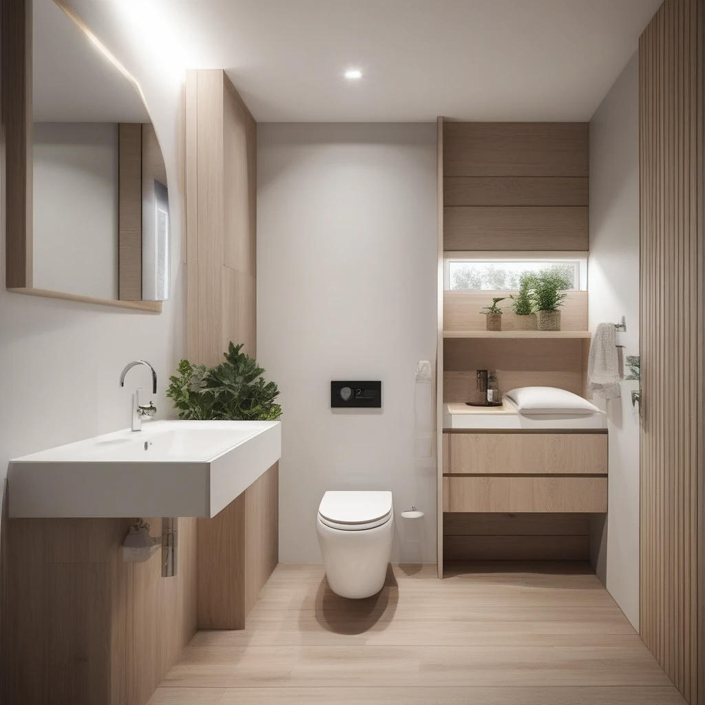 a modern design of 3 square meters room with a window. a toilet and shower side-by-side, and sink cabinet in a compact space. with careful consideration given to every detail. Integration of natural light through the toilet window, creating a sense of openness and connection to the outside environment. for a young couple The floor is made of flooring with flooral geometric patterns in delicate colors in accordance with the combination of darker walls and wooden surfaces