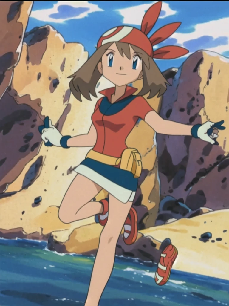 asbsurdres, highres, best quality, masterpiece, outdoors, 1girl, solo, may (pokemon), smile, fanny pack