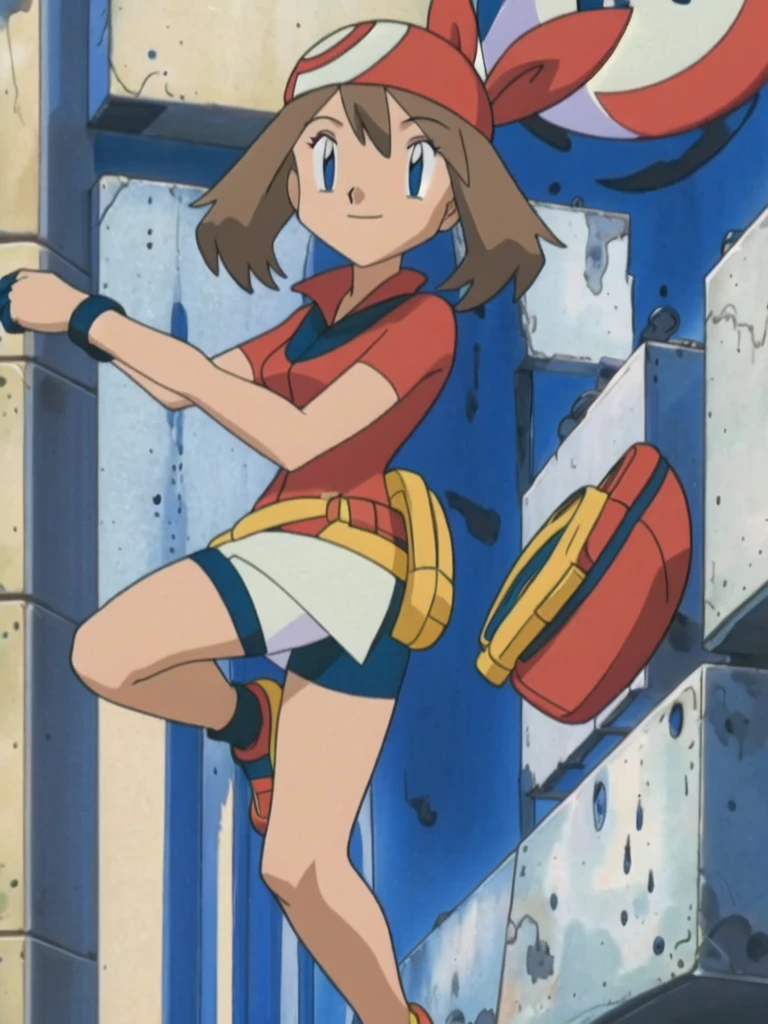 asbsurdres, highres, best quality, masterpiece, outdoors, 1girl, solo, may (pokemon), smile, fanny pack