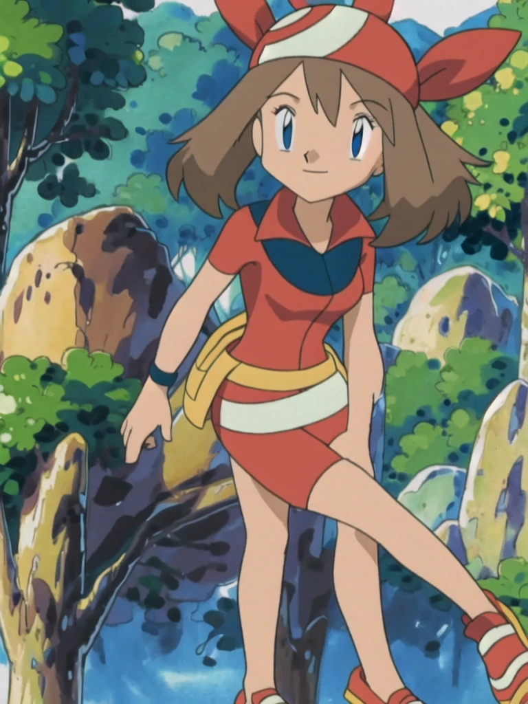 asbsurdres, highres, best quality, masterpiece, outdoors, 1girl, solo, may (pokemon), smile, fanny pack