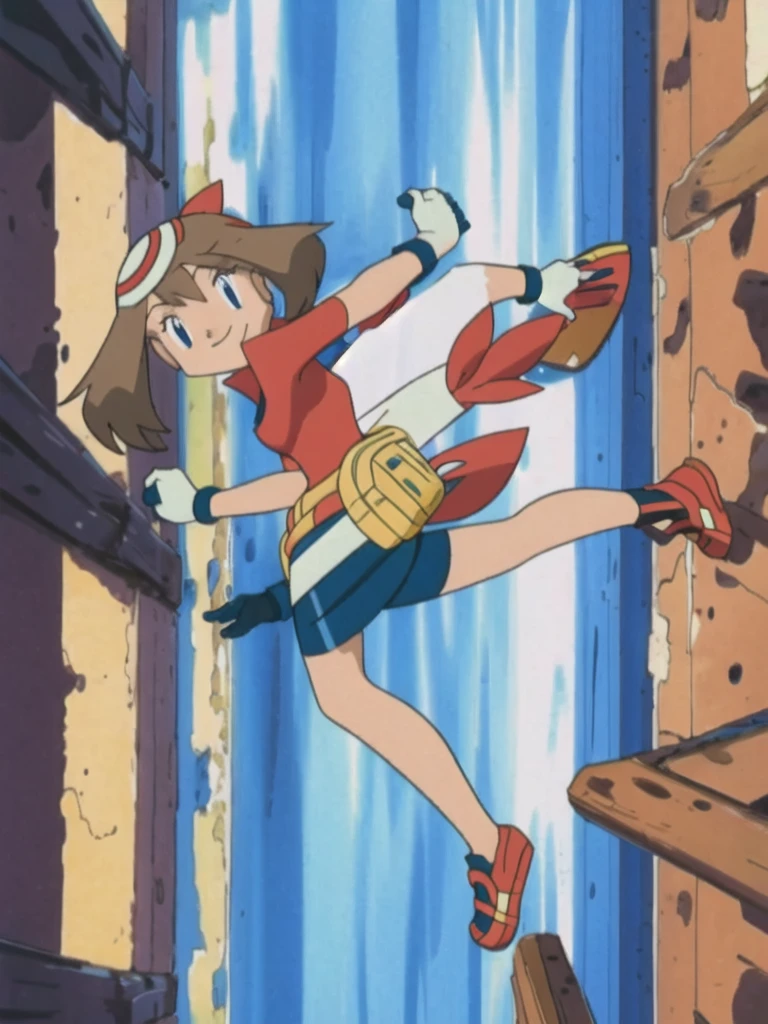asbsurdres, highres, best quality, masterpiece, outdoors, 1girl, solo, may (pokemon), smile, fanny pack