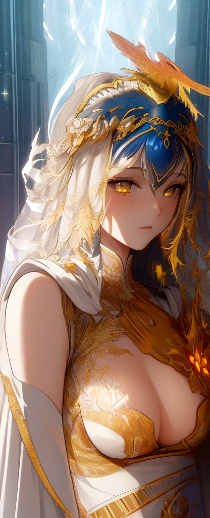 (Masterpiece, Superior quality, Best Quality, Official Art, beautiful and aesthetic:1.2), (1 girl), Extremely detailed eyes, (Fractal Art:1.3), showy, more detailed, (Perfect face), shiny skin, HDR, (white cloak with golden lines:1.2), Galaxy, (light streaks), amazing images, (dynamic streaks, luminous trails:1.2), vibrant colors, (phoenix), (dragon)