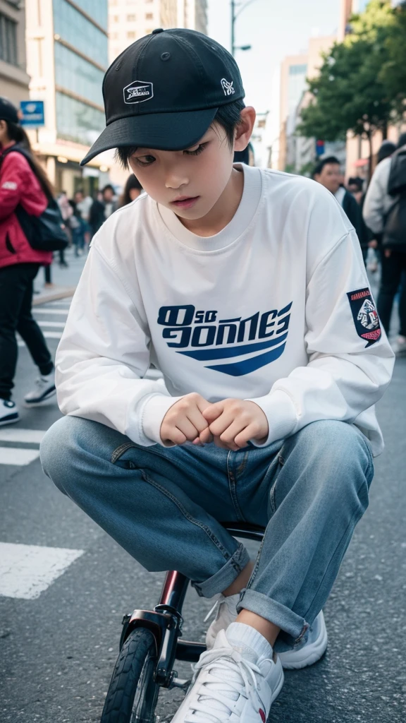 Libido boy。8 year old，Wear a cap。Top jacket，Pants jeans，athletic sneakers，riding bikes，Urban Square，lots of people