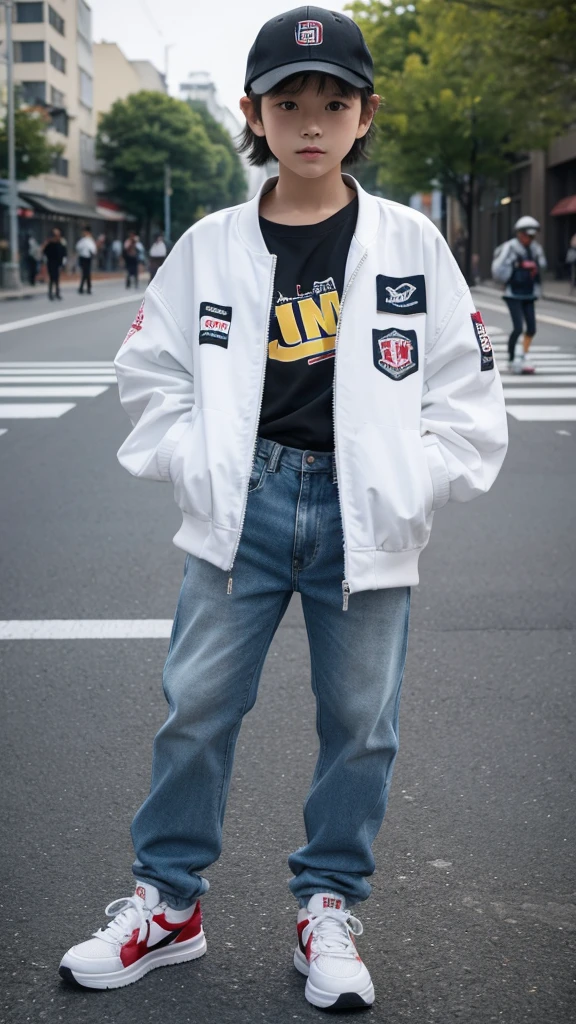 Libido boy。8 year old，Wear a cap。Top jacket，Pants jeans，athletic sneakers，riding bikes，Urban Square，lots of people