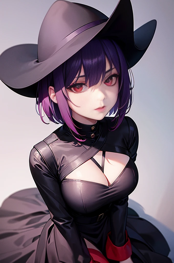 a beautiful girl with violet hair wearing a black dress, extremely detailed facial features, bob haircut, woman wearing a long black and red coat, solo character, white background, anime style, very detailed, photorealistic, 8k, best quality, masterpiece, red eyes, short hair