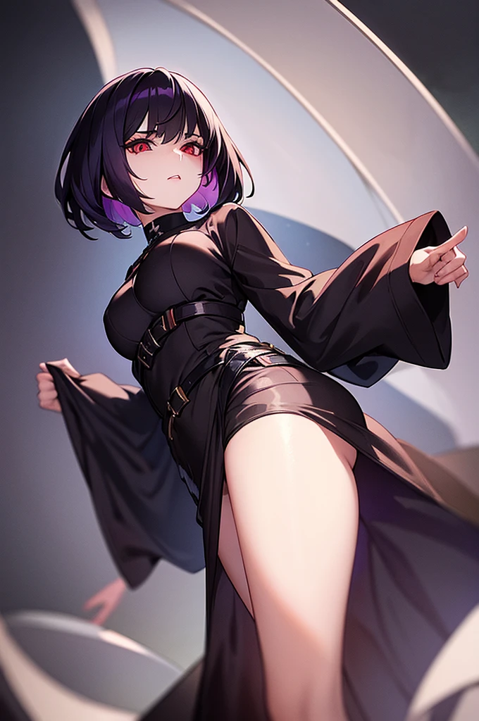 a beautiful girl with violet hair wearing a black dress, extremely detailed facial features, bob haircut, woman wearing a long black and red coat, solo character, white background, anime style, very detailed, photorealistic, 8k, best quality, masterpiece, red eyes, short hair