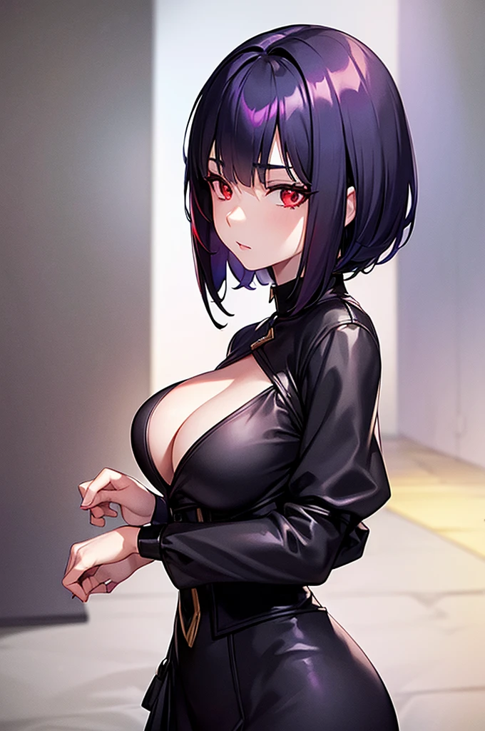 a beautiful girl with violet hair wearing a black dress, extremely detailed facial features, bob haircut, woman wearing a long black and red coat, solo character, white background, anime style, very detailed, photorealistic, 8k, best quality, masterpiece, red eyes, short hair