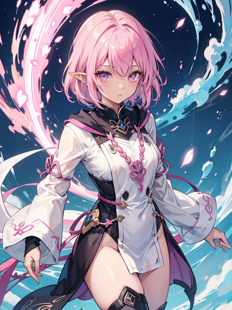 woman, 10th Generation、Dark Elf, Dark Skin,、short hair, Pointed Ears, Pink Hair、Midori no Eye、aggressive