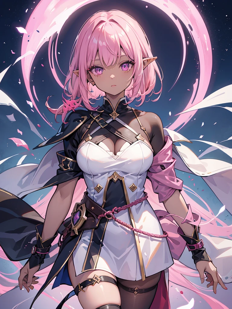 woman, 10th Generation、Dark Elf, Dark Skin,、short hair, Pointed Ears, Pink Hair、Midori no Eye、aggressive