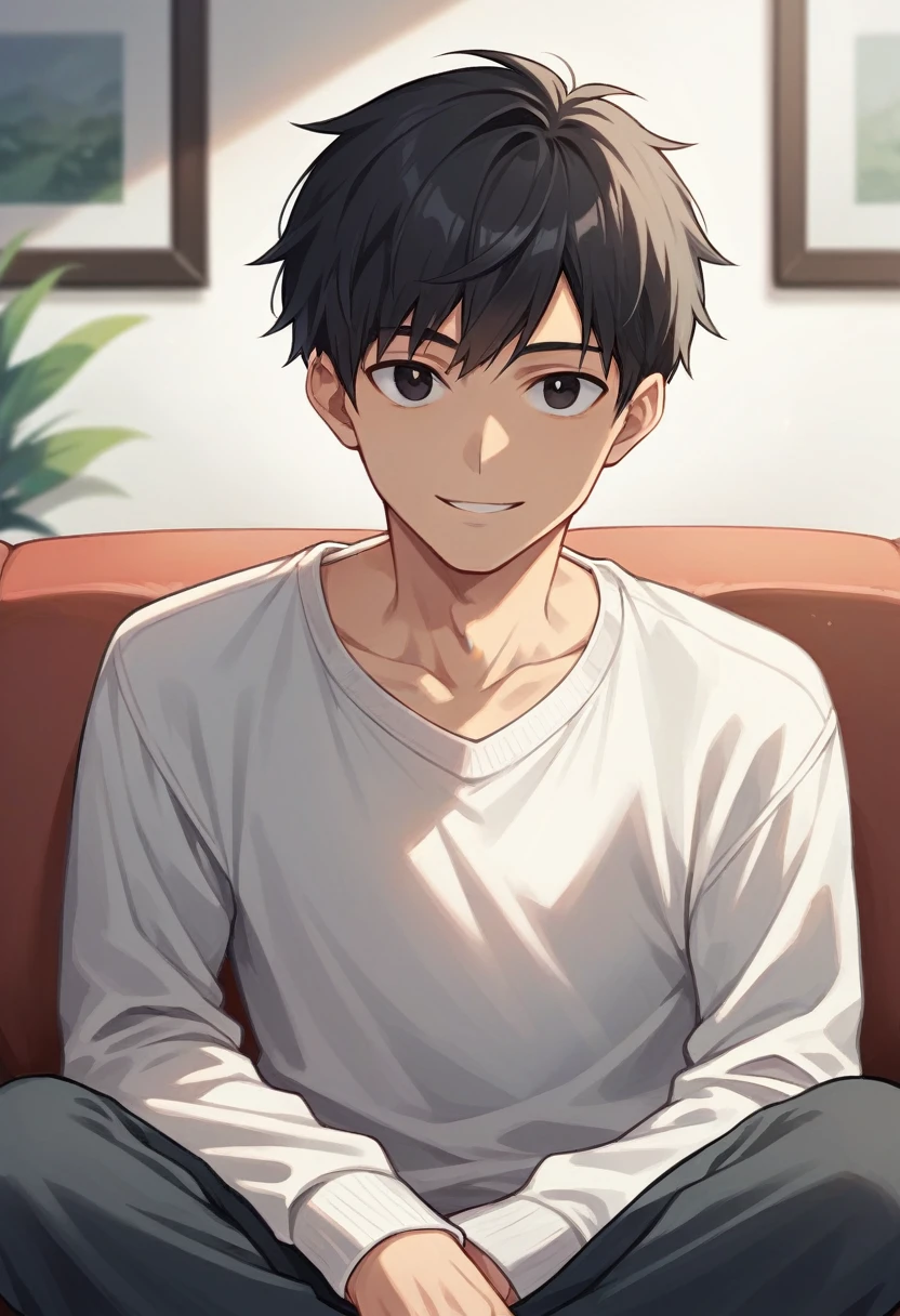 1boy, Accurate describe shapes, collarbone, straight hair, short hair, black hair, black eyes, sweater, pants, solo, close-up, solo, sitting, sofa, indoors, looking at viewer, smile