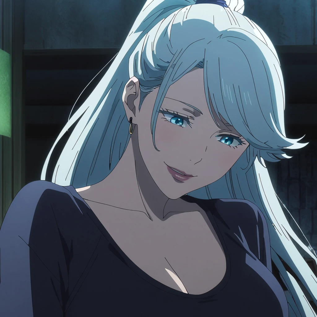 1girl, female gojo satoru, anime screencap from jujutsu kaisen, gojo satoru female version, solo, long_hair, blue eyes ((White_hair, swept bangs)), night view, (hanging breasts) upper_body, smile, indoors, book, blue_eyes, lips, (high ponytail) ((wearing casual outfit)) breast, "very detailed and high resolution" (blue eyes) ((long hair)) ((solo)) (front view) (earings) ((high resolution)) ((good quality)) ((swept bangs))cleavage (wearing round sunglasses))