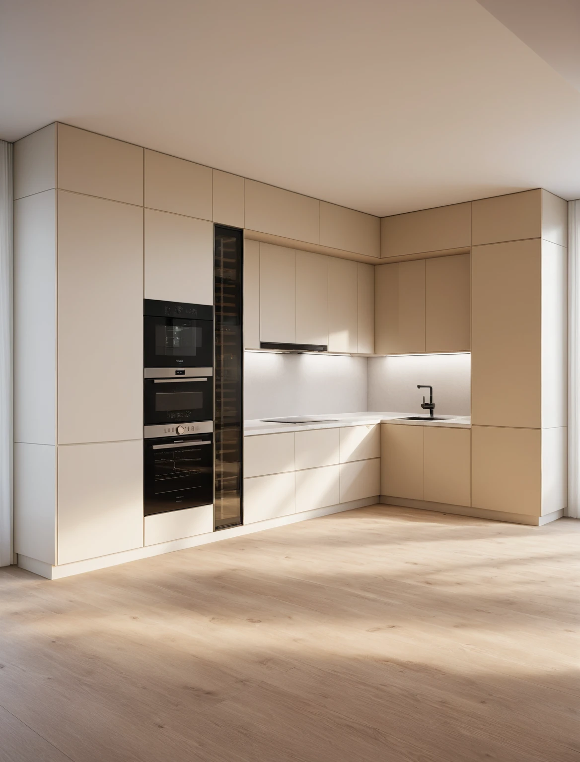 Raw photo,Masterpiece, high quality, best quality, authentic, super detail, interior , sunset, daylight, Kitchen Cabinets style minimalist, Induction cooker, sink, faucet, oven, built-in microwave, wooden floor, hood, wine cabinet, ((beige and white tones))