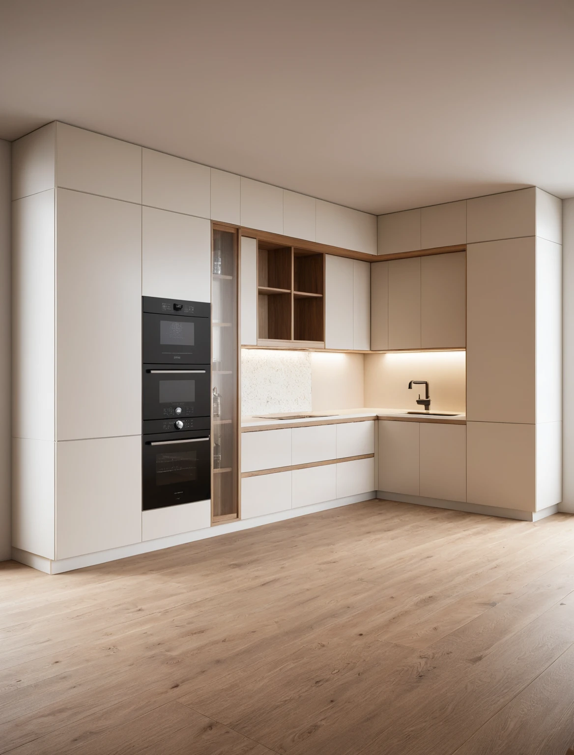 Raw photo,Masterpiece, high quality, best quality, authentic, super detail, interior , sunset, daylight, Kitchen Cabinets style minimalist, Induction cooker, sink, faucet, oven, built-in microwave, wooden floor, hood, wine cabinet, ((beige and white tones))