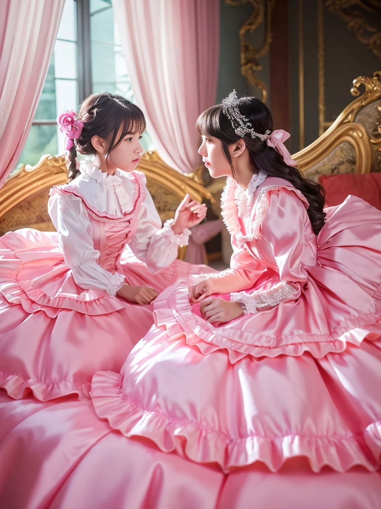 ,highest quality, masterpiece, highest resolution, artwork, super それにget used to it, many get used to it, get used to it, それにget used to it, 3K realistic photos,,((25 year old lesbian womans ate kissing)),Super detailed face,both are princesses,detailed luxury tiara,Full length ball gown dress with hoop skirt,ruffle yoke collar,Detailed braided ribbon at chest,puff sleeves,long sleeve,((lolita style hot pink princess satin dress、Comes with lots of frills and ribbons。)),crazy'colorful fashion,shiny silk satin dress,soft and smooth silk satin fabric,luxury,Very long blonde hair,blue eyes,white skin european,pajamas,((inside the palace)),Princess dancing happily,gorgeous flowing dress,fine white frills and lace,Super long hair that is as tall as your body,white long socks,drawers with lots of frills,castle bedroom at night,Super long flowing hair,on the bed,Luxurious canopy on the bed,Huge, spacious bed,Pink pillow with lots of frills,Silk satin pink curtains with luxurious ruffles and ribbons surround the bed,princess sitting on bed,Pillows piled up behind the princess,A princess leaning on a pile of pillows,Long hair scattered like a fan on the bed,kissing,
, they are wearing hot pink lipgloss