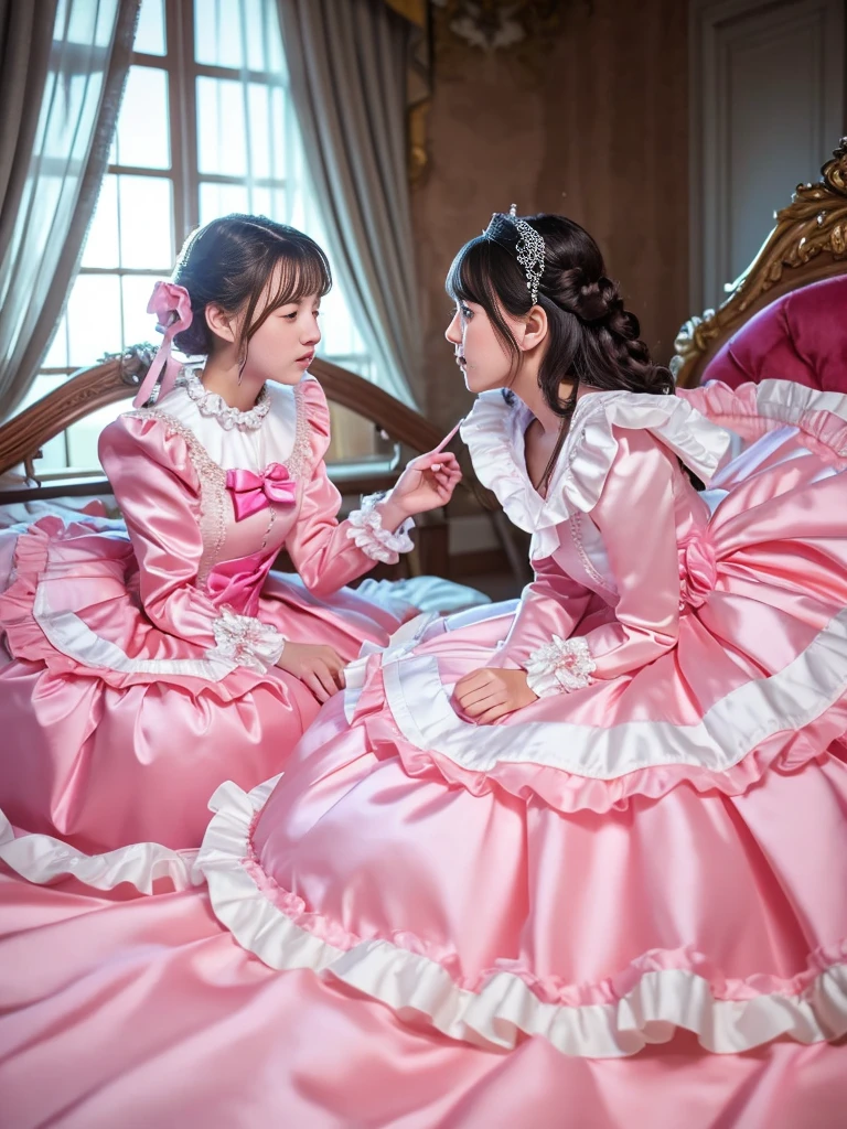 ,highest quality, masterpiece, highest resolution, artwork, super それにget used to it, many get used to it, get used to it, それにget used to it, 3K realistic photos,,((25 year old lesbian womans ate kissing)),Super detailed face,both are princesses,detailed luxury tiara,Full length ball gown dress with hoop skirt,ruffle yoke collar,Detailed braided ribbon at chest,puff sleeves,long sleeve,((lolita style hot pink princess satin dress、Comes with lots of frills and ribbons。)),crazy'colorful fashion,shiny silk satin dress,soft and smooth silk satin fabric,luxury,Very long blonde hair,blue eyes,white skin european,pajamas,((inside the palace)),Princess dancing happily,gorgeous flowing dress,fine white frills and lace,Super long hair that is as tall as your body,white long socks,drawers with lots of frills,castle bedroom at night,Super long flowing hair,on the bed,Luxurious canopy on the bed,Huge, spacious bed,Pink pillow with lots of frills,Silk satin pink curtains with luxurious ruffles and ribbons surround the bed,princess sitting on bed,Pillows piled up behind the princess,A princess leaning on a pile of pillows,Long hair scattered like a fan on the bed,kissing,
, they are wearing hot pink lipgloss