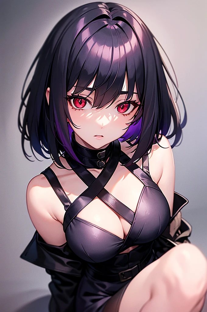 1girl, solo, nude, nsfw, elastic beautiful tits, perfect nipples, Ellen_Joe, Zenless-Zone-Zero, short black hair with red highlights, red eyes, serious expression, red background, high-quality anime art, dramatic lighting, dynamic low angle, close-up shot, intense gaze, professional illustration, bold colors, high contrast, modern anime style, head tilt, soft shading, nude chest focus, intricate design, dark atmosphere, high-detail, intricate details, ellen joe, black hair, colored inner hair, multicolored hair, (red eyes:1.3), red hair, short hair, two-tone hair