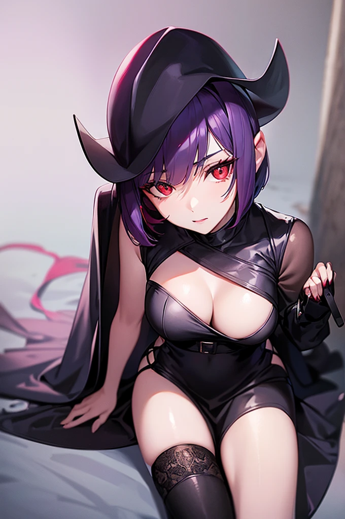 a beautiful girl with violet hair wearing a black dress, extremely detailed facial features, bob haircut, woman wearing a long black and red coat, solo character, white background, anime style, very detailed, photorealistic, 8k, best quality, masterpiece, red eyes, short hair