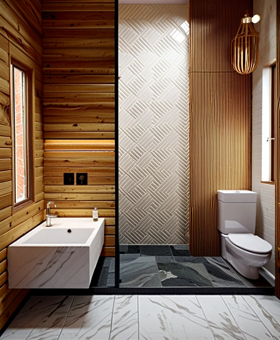 a modern design of 3 square meters room with a window. a toilet and shower side-by-side, and sink cabinet in a compact space. with careful consideration given to every detail. Integration of natural light through the toilet window, creating a sense of openness and connection to the outside environment. for a young couple The floor is made of flooring with flooral geometric patterns in delicate colors in accordance with the combination of darker walls and wooden surfaces