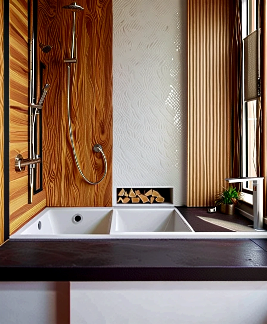 a modern design of 3 square meters room with a window. a toilet and shower side-by-side, and sink cabinet in a compact space. with careful consideration given to every detail. Integration of natural light through the toilet window, creating a sense of openness and connection to the outside environment. for a young couple The floor is made of flooring with flooral geometric patterns in delicate colors in accordance with the combination of darker walls and wooden surfaces