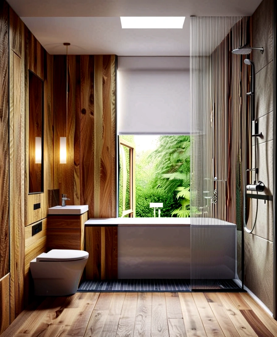 a modern design of 3 square meters room with a window. a toilet and shower side-by-side, and sink cabinet in a compact space. with careful consideration given to every detail. Integration of natural light through the toilet window, creating a sense of openness and connection to the outside environment. for a young couple The floor is made of flooring with flooral geometric patterns in delicate colors in accordance with the combination of darker walls and wooden surfaces