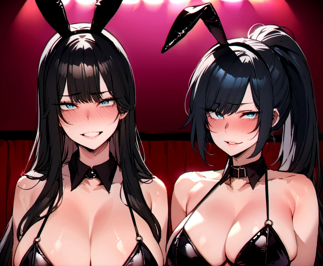 masterpiece, best quality 2girl, beautiful women, bangs, black hair, very long hair, ponytail, blue eyes, deep blush, grin, large breasts, black dog collar, black playboy bunny outfit, cowboyshot, looking at viewer, strip club background