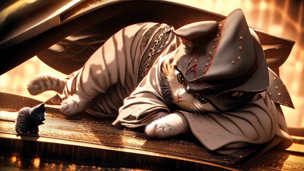 High resolution, 8K, Cat playing the piano、Realistic images、Jazz cafe with warm lighting、A cat wearing a tiny fedora hat and bow tie is playing the piano。
