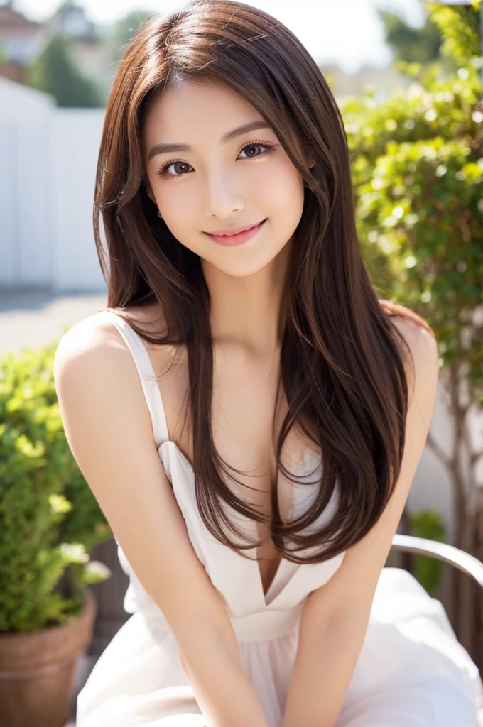 4K Super Resolution、Beauty、One Woman、Dark Brown Hair:1.1、Highly detailed face、Lips detail、important、(Eyes meet)、double eyelid、Princess Eyes、美しいJapanese women、美しいJapanese women、Sensual lips、Bewitching body、Bust size 82、Stand in a stimulating pose facing forward with natural body balance、20th generation、(21 years old)、far and near method、 Japanese women、White Dress、Delicate wear、 Erotic and stylish one-piece、Hair blowing in the wind、The number and shape of hands are important、I can see your chest、A crisp image、The delicate sparkle of eyes、There is a small Western-style terrace.、背景は綺麗な景color、Sit facing forward on a stylish chair、Beautiful breasts with attention to detail、color々Hair style、Smiling with a nice smile、