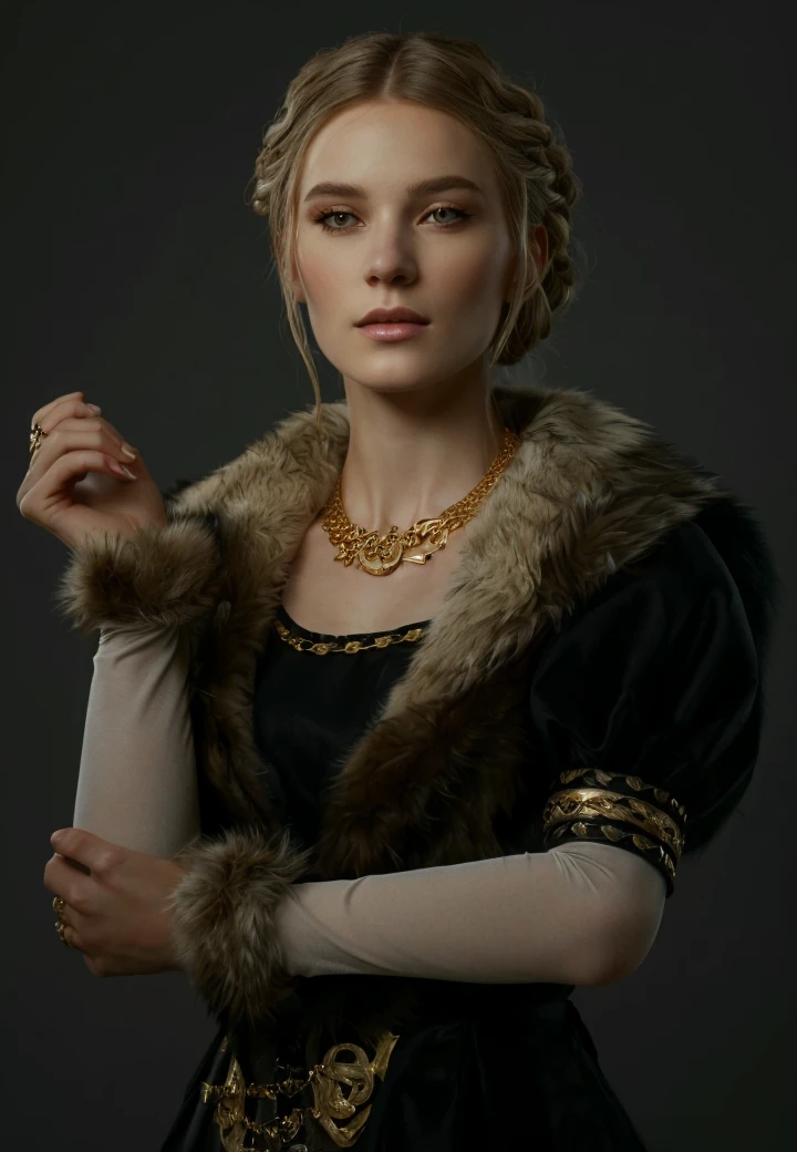 arafed woman in a black dress with a fur collar and a gold necklace, a full portrait of nordic female, 8k portrait render, female character, female lead character, render of mirabel madrigal, beautiful nordic woman, portrait