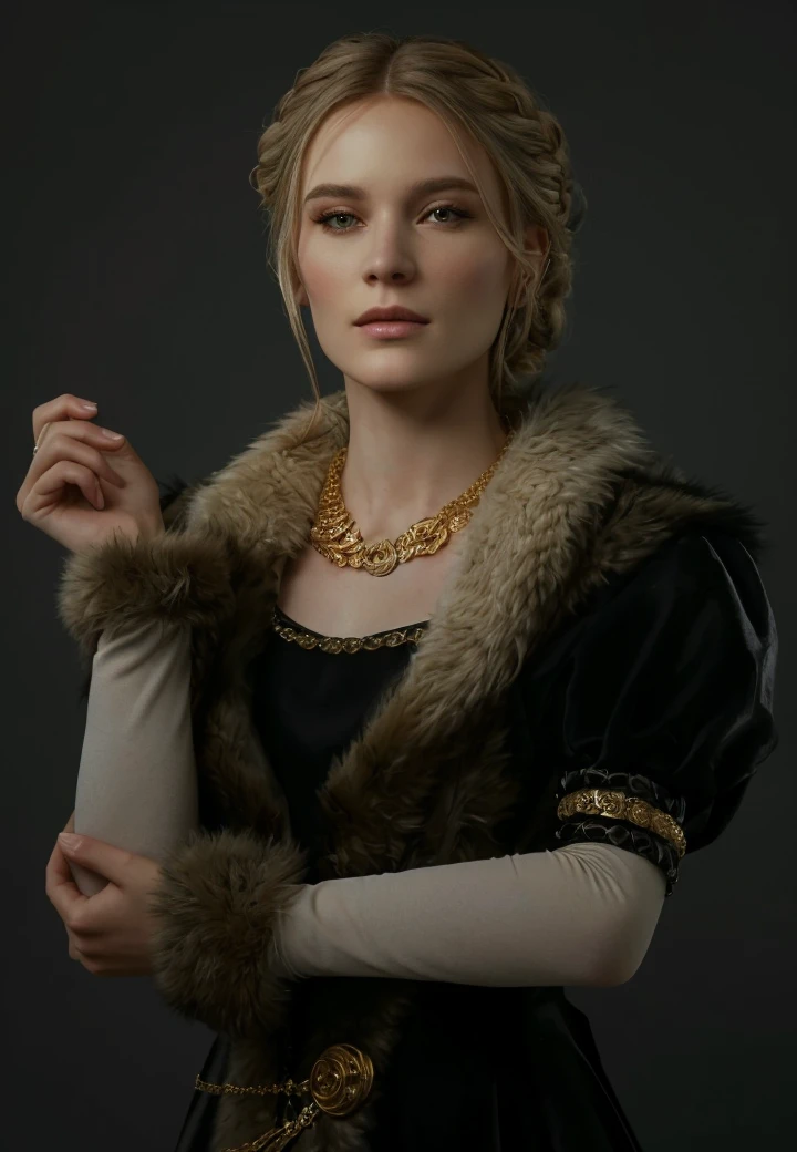 arafed woman in a black dress with a fur collar and a gold necklace, a full portrait of nordic female, 8k portrait render, female character, female lead character, render of mirabel madrigal, beautiful nordic woman, portrait