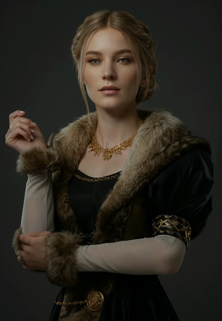 arafed woman in a black dress with a fur collar and a gold necklace, a full portrait of nordic female, 8k portrait render, female character, female lead character, render of mirabel madrigal, beautiful nordic woman, portrait