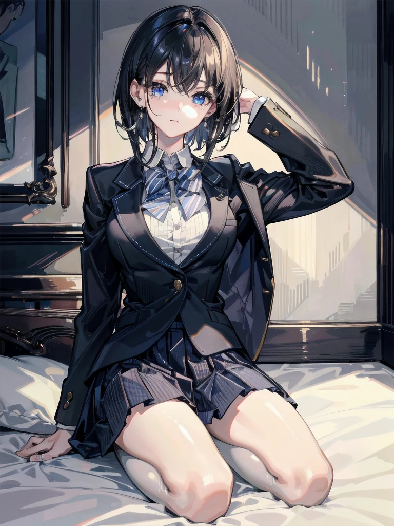 absurdres, RAW photo, extremely delicate and beautiful, masterpiece, Best Quality, ultra high resolution, 32k, hyperrealistic, ultra-detailed, in her 20s, delicate facial features, beautiful detailed girl, tearful mole, earring, medium breasts, full body shot, medium hair, black hair, school_uniform, blazer,